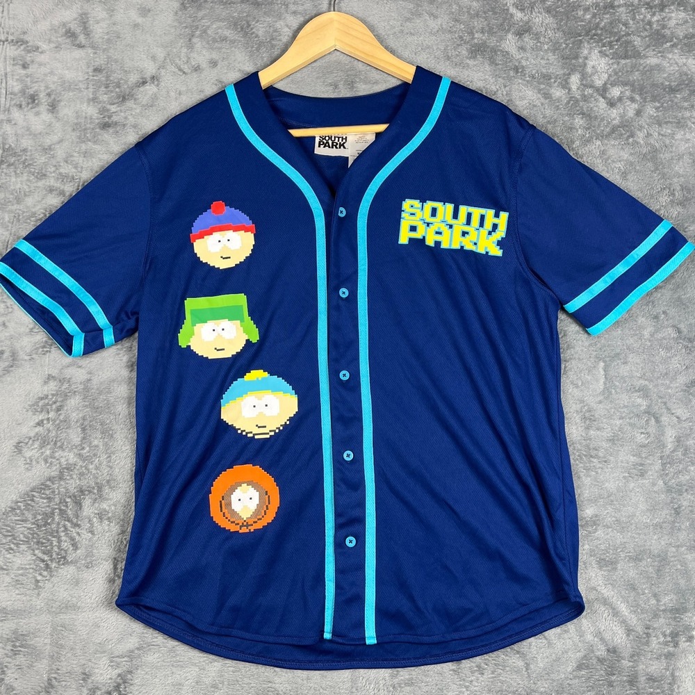 South Park Baseball Jersey Mens M Blue Cartman Kenny Stan Kyle Pixelated Graphic